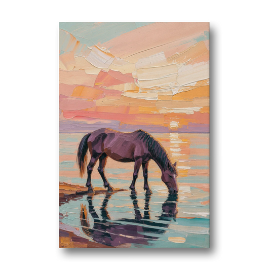 Equine Wall Art of a Horse Drinking at Sunset - Canvas Wall Art - Front