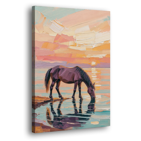Equine Wall Art of a Horse Drinking at Sunset - Canvas Wall Art - Side