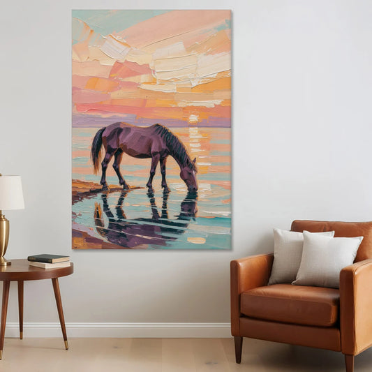 Equine Wall Art of a Horse Drinking at Sunset - Canvas Wall Art - Sofa - 40x60