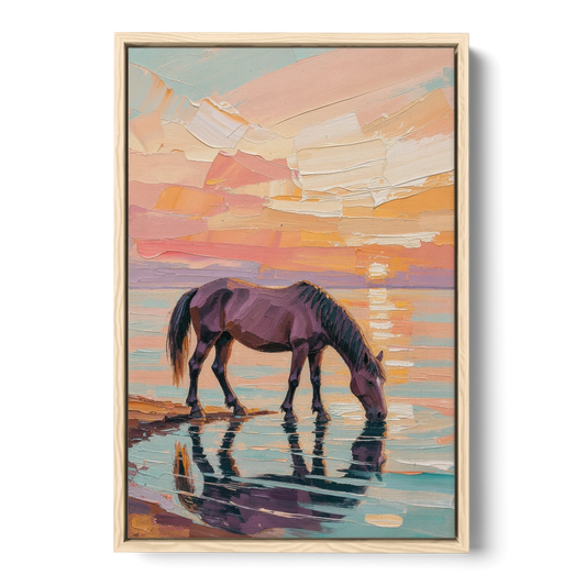Equine Wall Art of a Horse Drinking at Sunset - Oak Framed Canvas Wall Art - Front