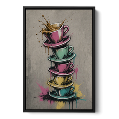 Street Art Espresso Cup Tower Splash - Black Framed Canvas Wall Art - Front
