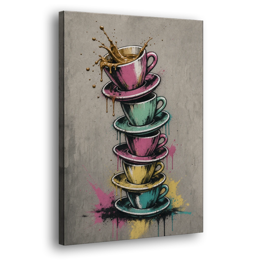 Espresso Cup Tower Splash - Canvas Wall Art - Side