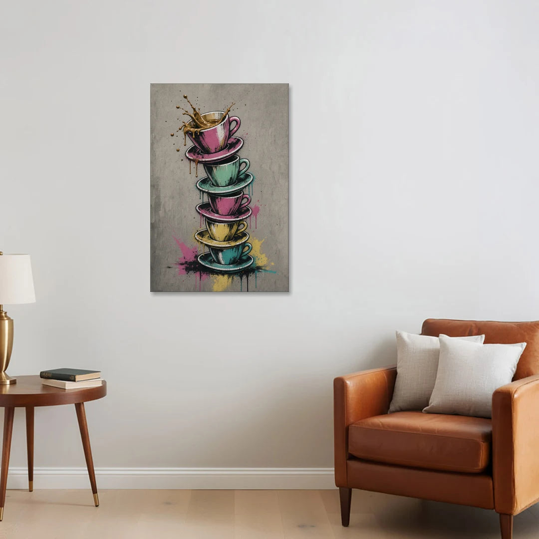 Espresso Cup Tower Splash - Canvas Wall Art - Sofa - 24x36