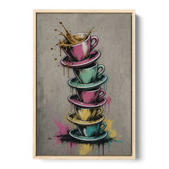 Street Art Espresso Cup Tower Splash - Oak Framed Canvas Wall Art - Front