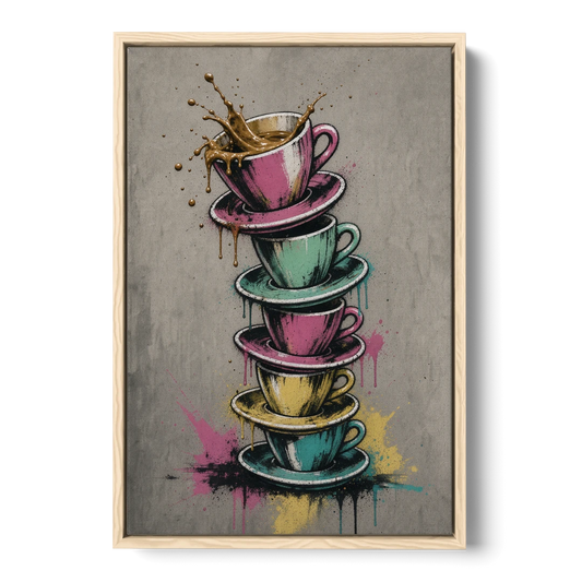 Street Art Espresso Cup Tower Splash - Oak Framed Canvas Wall Art - Front