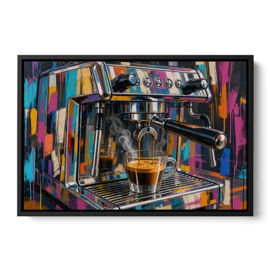 Espresso Painting of a Chrome Machine - Black Framed Canvas Wall Art - Front
