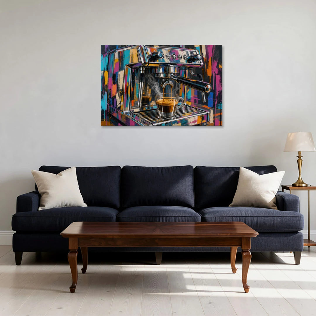 Espresso Painting of a Chrome Machine - Canvas Wall Art - Sofa - 36x24
