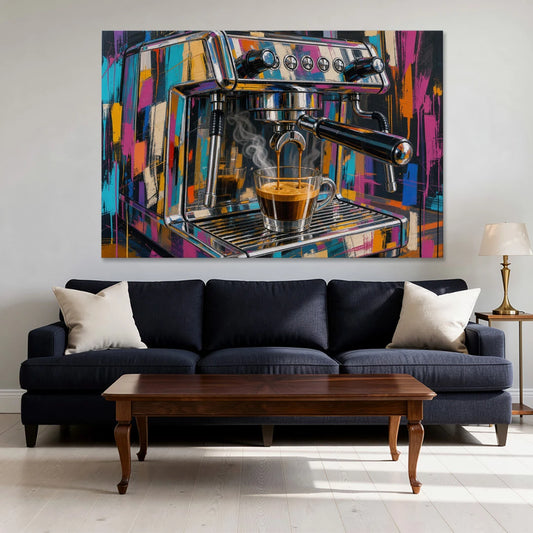 Espresso Painting of a Chrome Machine - Canvas Wall Art - Sofa - 60x40