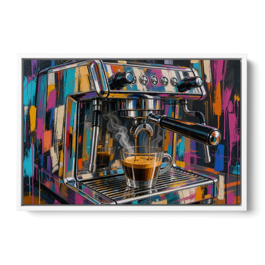 Espresso Painting of a Chrome Machine - White Framed Canvas Wall Art - Front