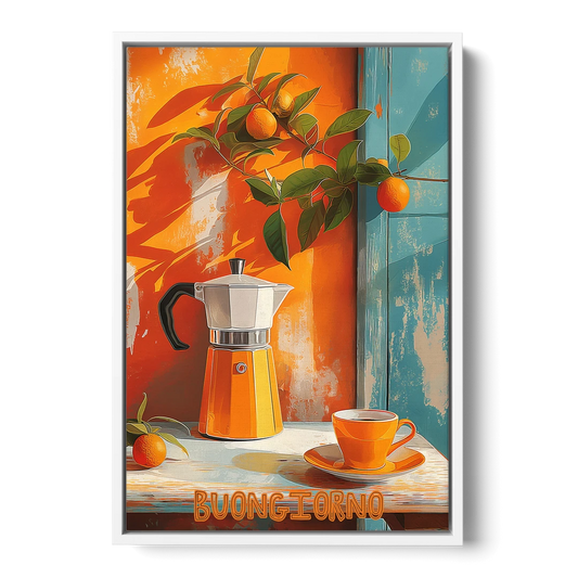 Espresso Painting with a Moka Pot - White Framed Canvas Wall Art - Front