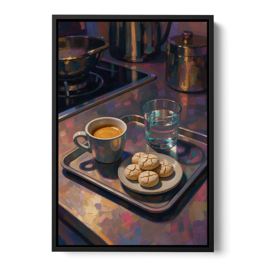 Espresso and Amaretti Coffee Tray - Black Framed Canvas Wall Art - Front