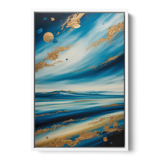 Eternal Horizon Blue and Gold Abstract - White Framed Canvas Wall Art - Front