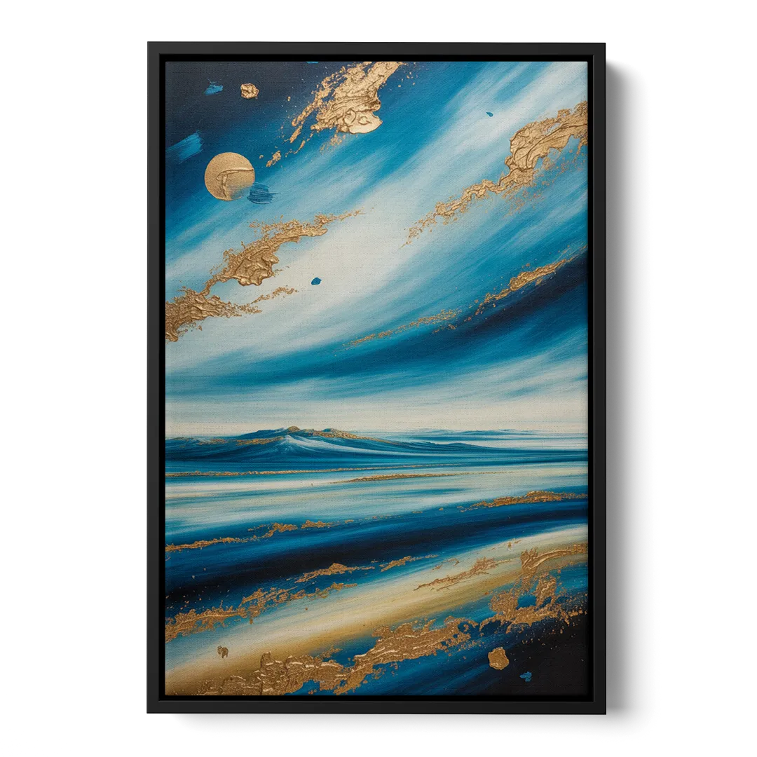 Eternal Horizon Blue and Gold Abstract Front - Black Canvas Wall Art