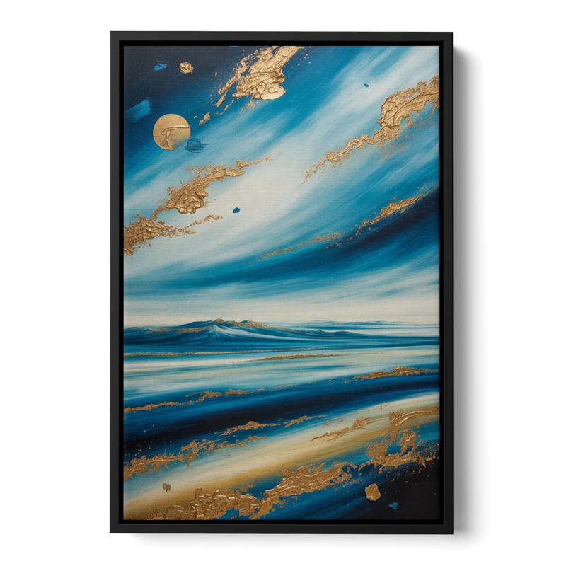 Eternal Horizon Blue and Gold Abstract Front - Black Canvas Wall Art