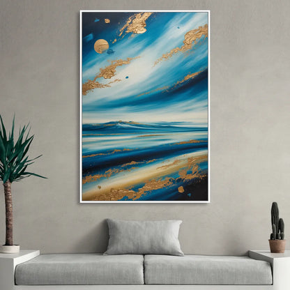 Eternal Horizon Blue and Gold Abstract Sitting Room - White Canvas Wall Art