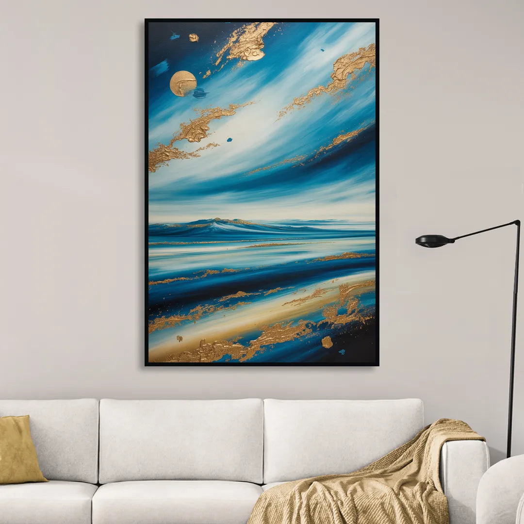 Eternal Horizon Blue and Gold Abstract Sitting Room - Black Canvas Wall Art