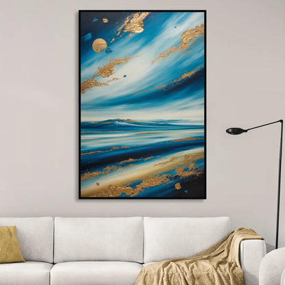 Eternal Horizon Blue and Gold Abstract Sitting Room - Black Canvas Wall Art