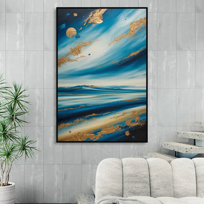 Eternal Horizon Blue and Gold Abstract Living Room - Black Canvas Wall Art