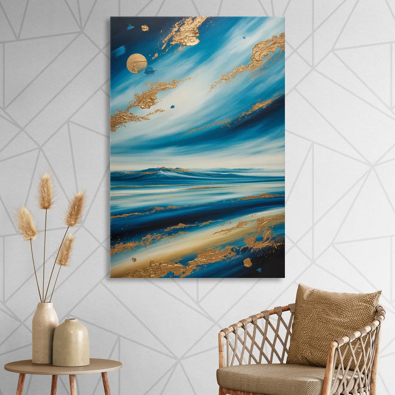 Eternal Horizon Blue and Gold Abstract Sitting Room - Canvas Wall Art