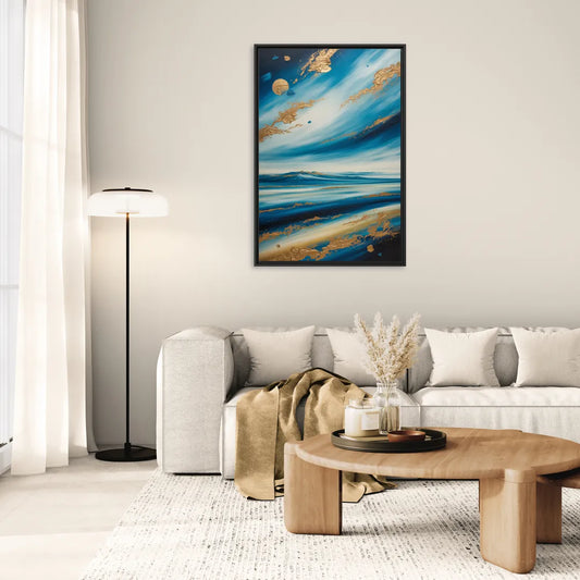 Eternal Horizon Blue and Gold Abstract - Living Room Black Frame Canvas