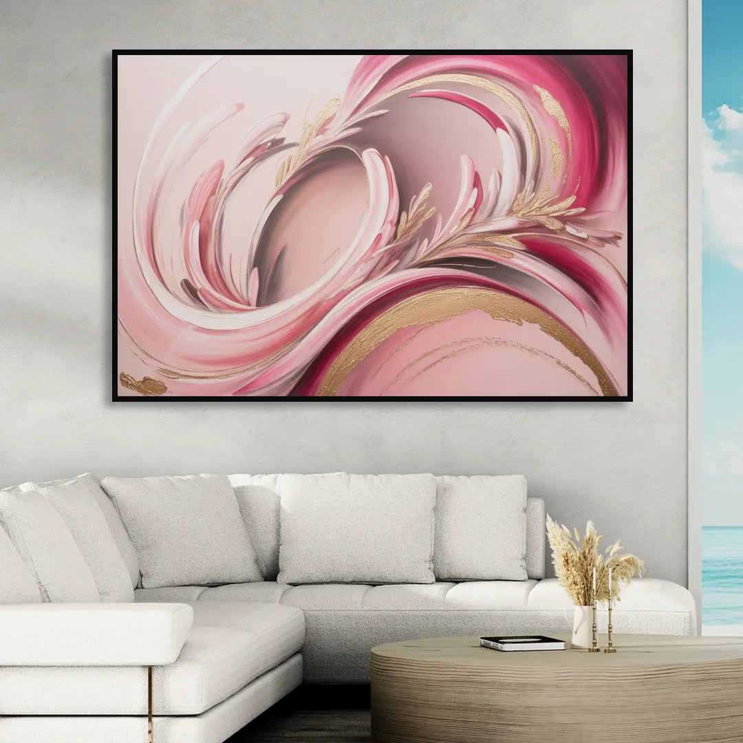 Ethereal Elegance Pink Abstract Living Room - Black Canvas Wall Art