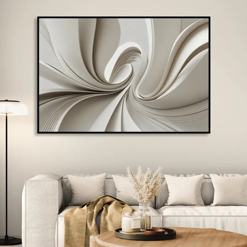 Ethereal Elegance White Abstract Living Room - Black Canvas Wall Art