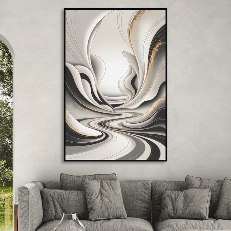 Ethereal Fluidity White Abstract Living Room - Black Canvas Wall Art