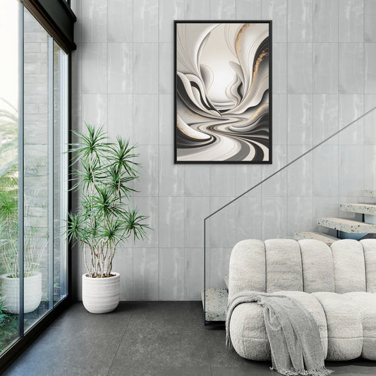 Ethereal Fluidity White Abstract - Living Room Black Frame Canvas