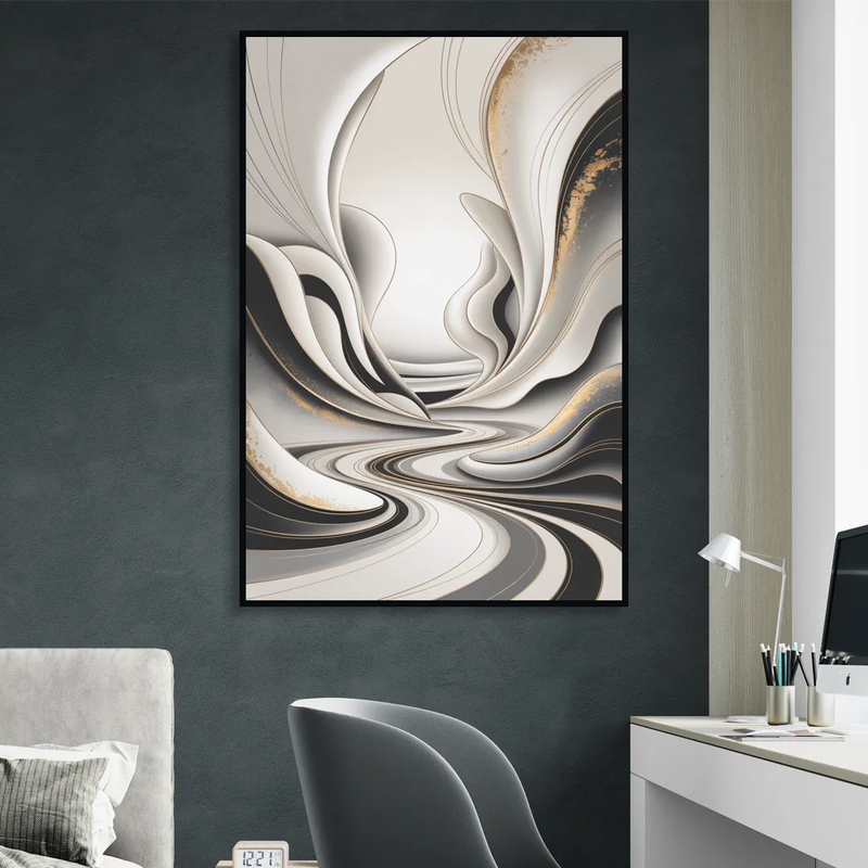 Ethereal Fluidity White Abstract Sitting Room - Black Canvas Wall Art