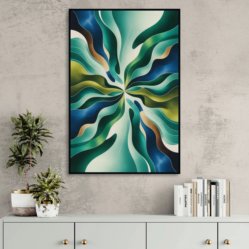 Ethereal Harmony Blue and Green Abstract Sitting Room - Black Canvas Wall Art