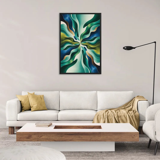 Ethereal Harmony Blue and Green Abstract - Living Room Black Frame Canvas