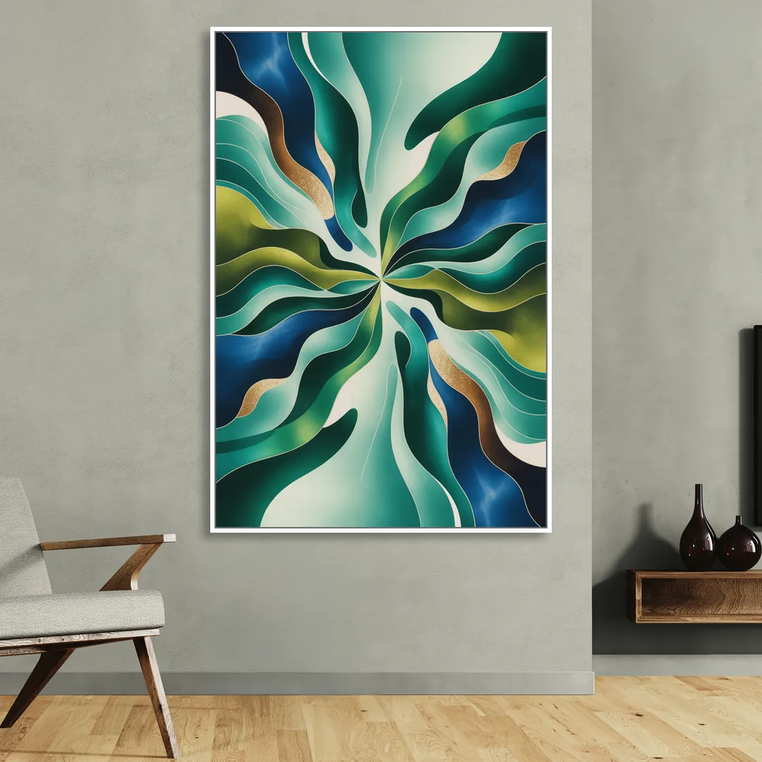 Ethereal Harmony Blue and Green Abstract Living Room - White Canvas Wall Art