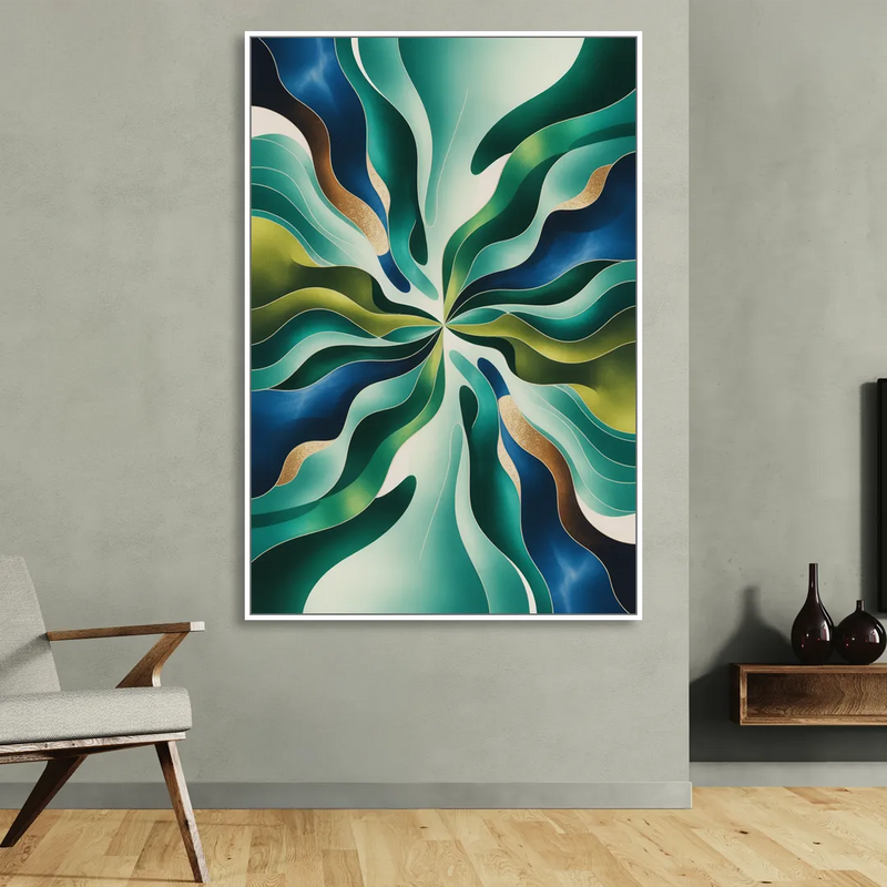Ethereal Harmony Blue and Green Abstract Living Room - White Canvas Wall Art