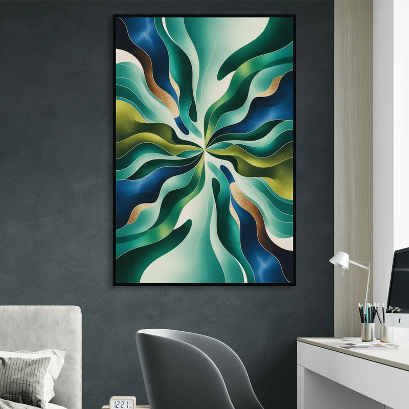 Ethereal Harmony Blue and Green Abstract Living Room - Black Canvas Wall Art