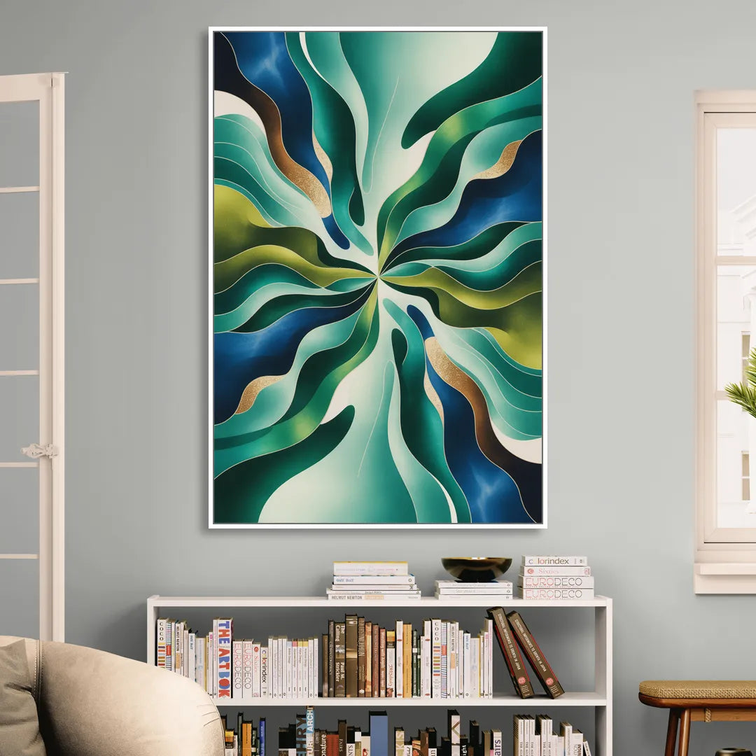 Ethereal Harmony Blue and Green Abstract Sitting Room - White Canvas Wall Art
