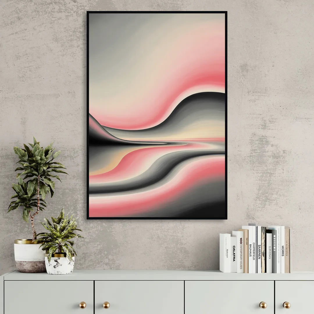 Ethereal Horizon Pink and Grey Abstract Living Room - Black Canvas Wall Art