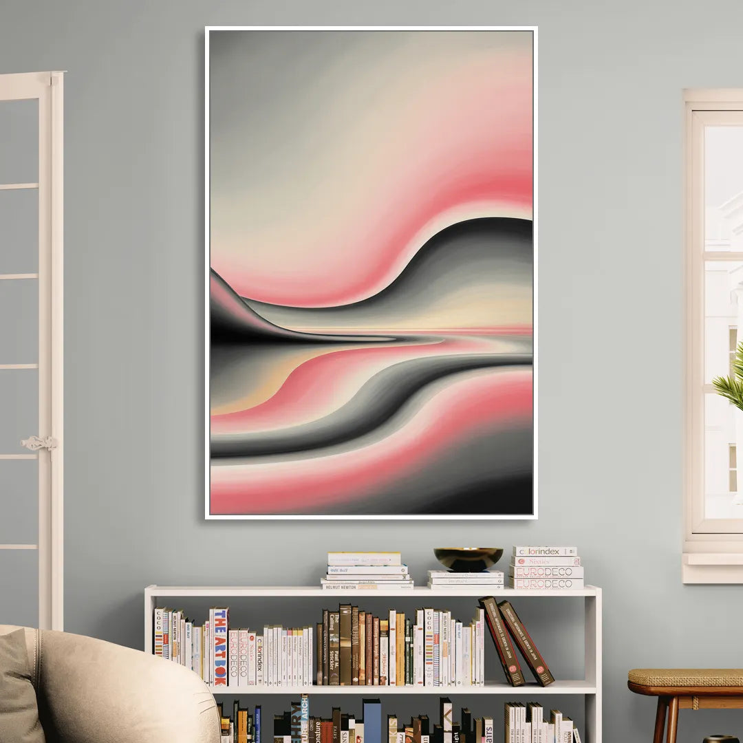 Ethereal Horizon Pink and Grey Abstract Living Room - White Canvas Wall Art