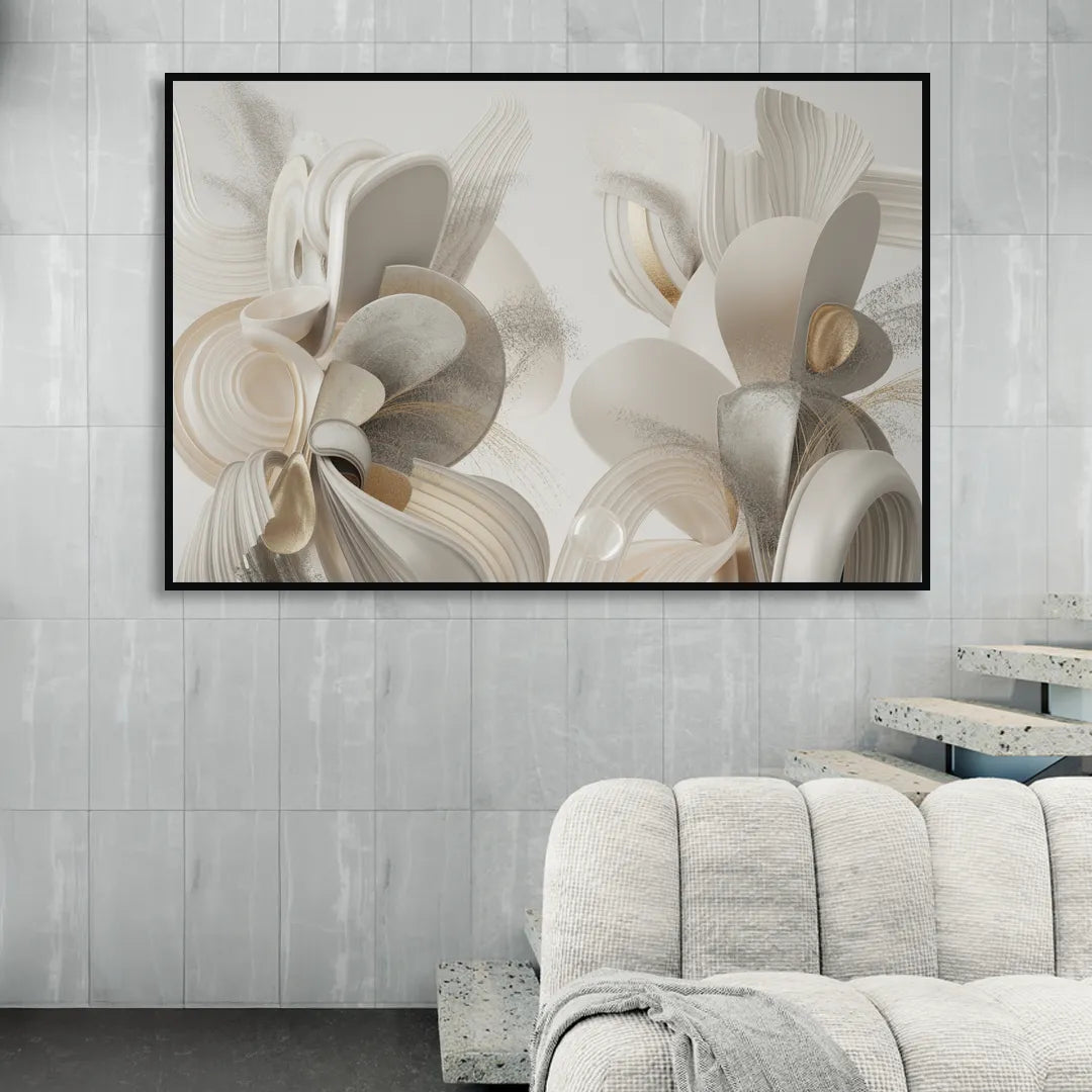 Ethereal Interplay White Abstract Sitting Room - Black Canvas Wall Art