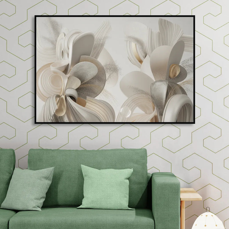Ethereal Interplay White Abstract Living Room - Black Canvas Wall Art