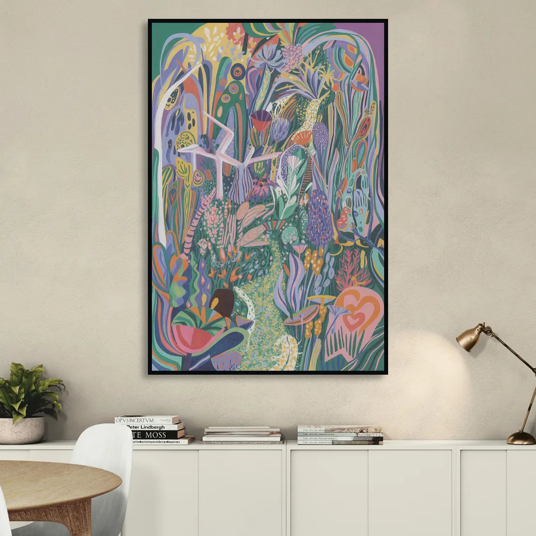 Ethereal Jewel Garden Colorful Abstract Sitting Room - Black Canvas Wall Art