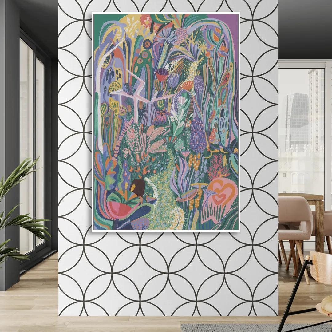 Ethereal Jewel Garden Colorful Abstract Living Room - White Canvas Wall Art