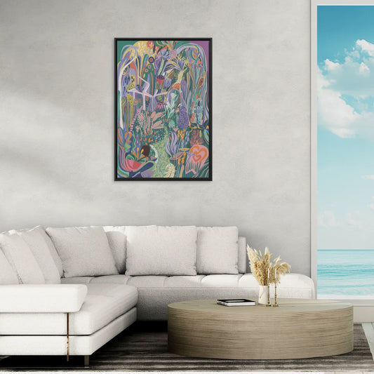 Ethereal Jewel Garden Colorful Abstract - Living Room Black Frame Canvas