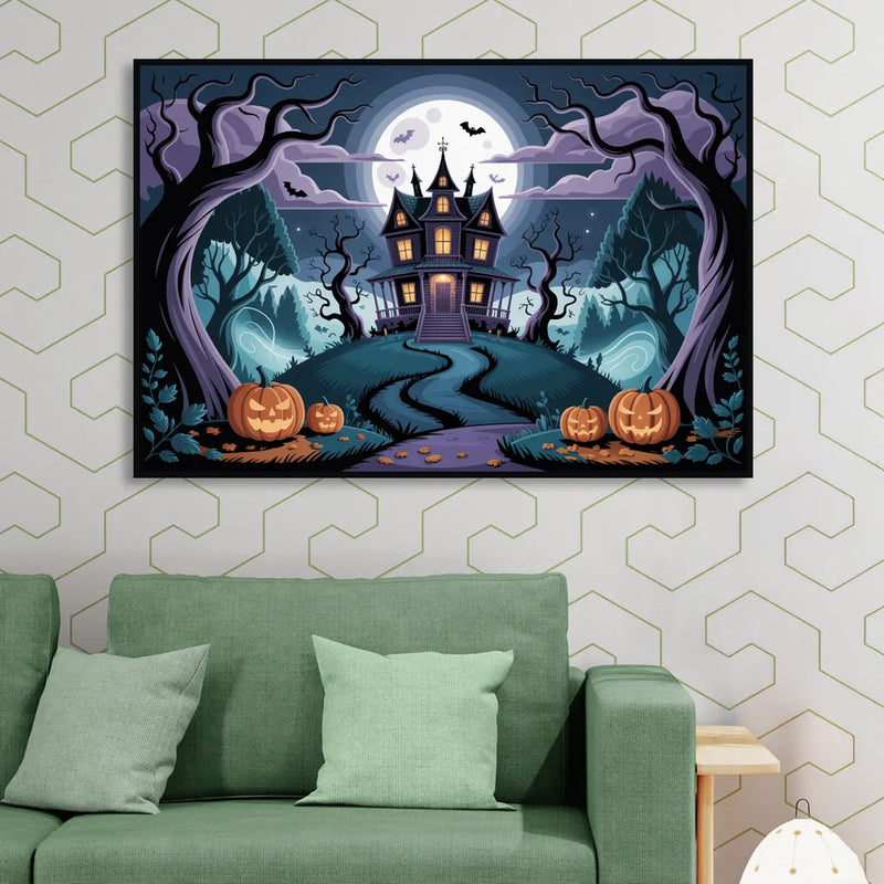 Ethereal Mansion Enchantment Halloween Living Room - Black Canvas Wall Art