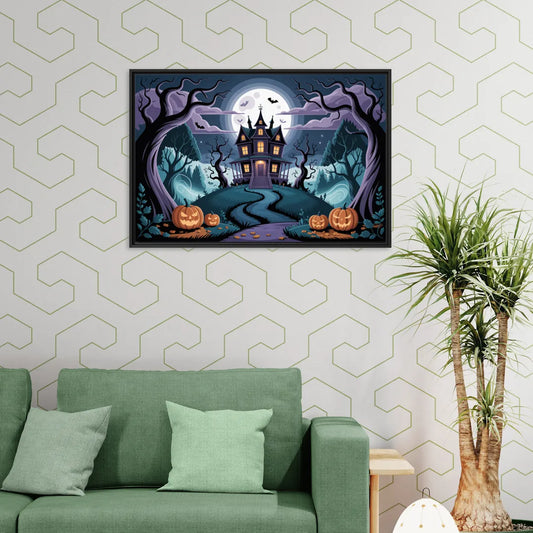 Ethereal Mansion Enchantment Halloween - Living Room Black Frame Canvas
