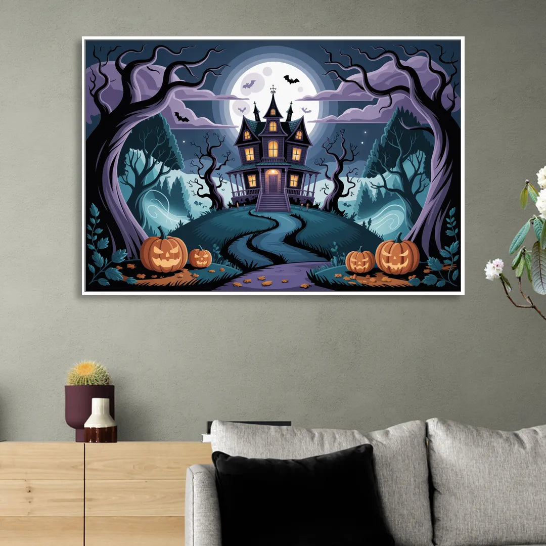 Ethereal Mansion Enchantment Halloween Living Room - White Canvas Wall Art