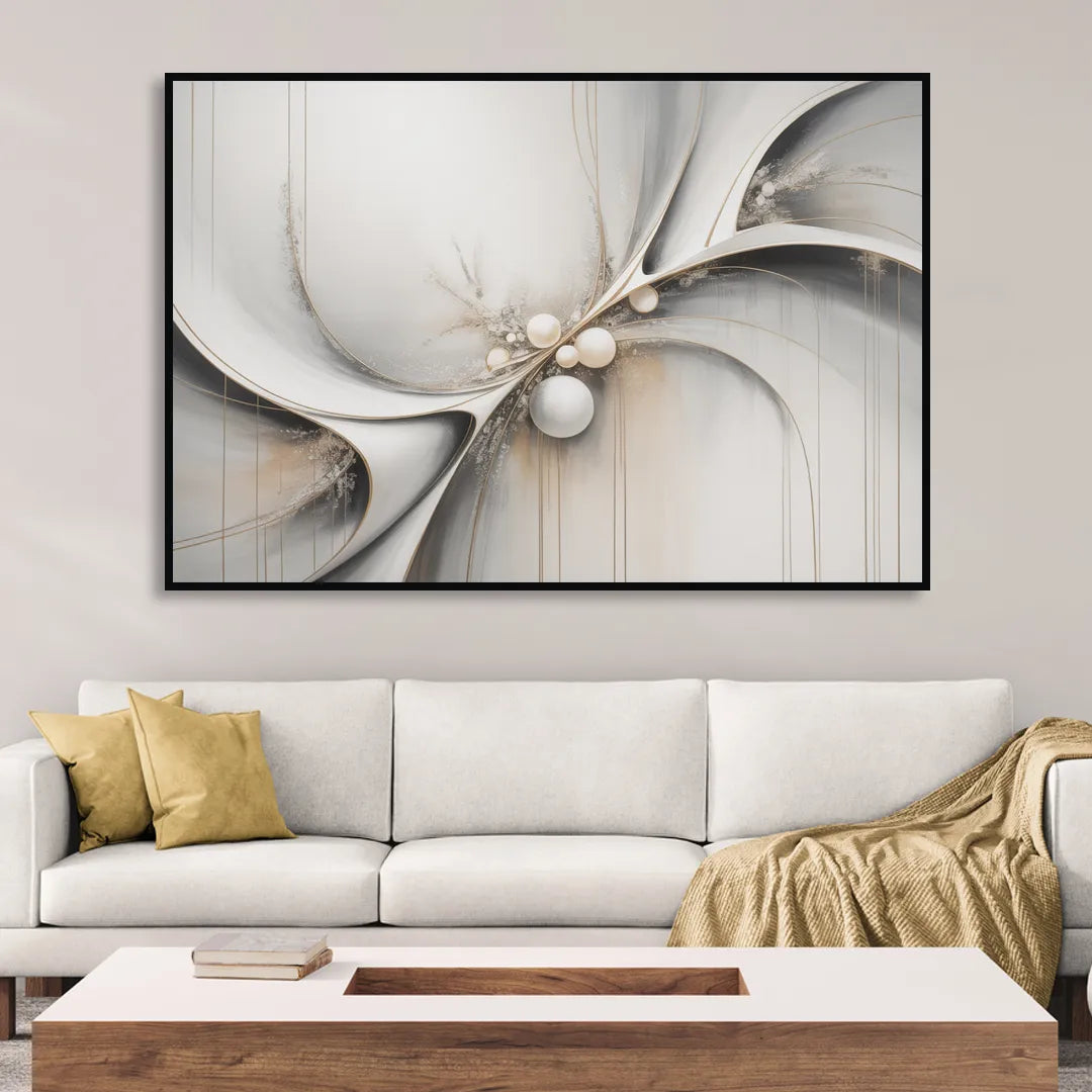 Ethereal Serenity White Abstract Sitting Room - Black Canvas Wall Art