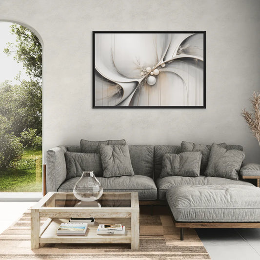 Ethereal Serenity White Abstract - Living Room Black Frame Canvas