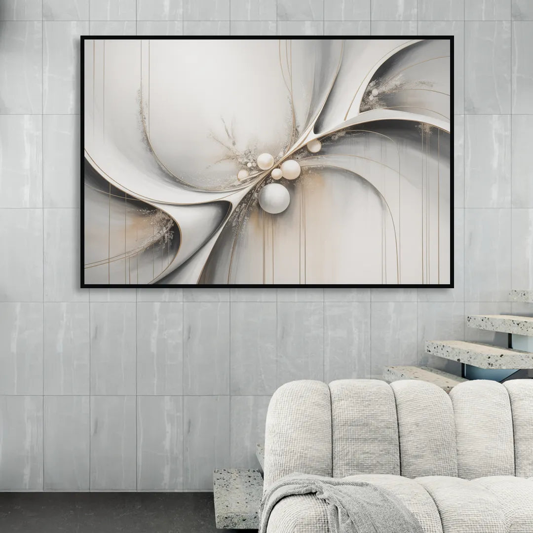 Ethereal Serenity White Abstract Living Room - Black Canvas Wall Art