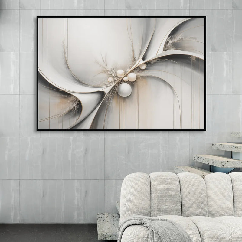 Ethereal Serenity White Abstract Living Room - Black Canvas Wall Art