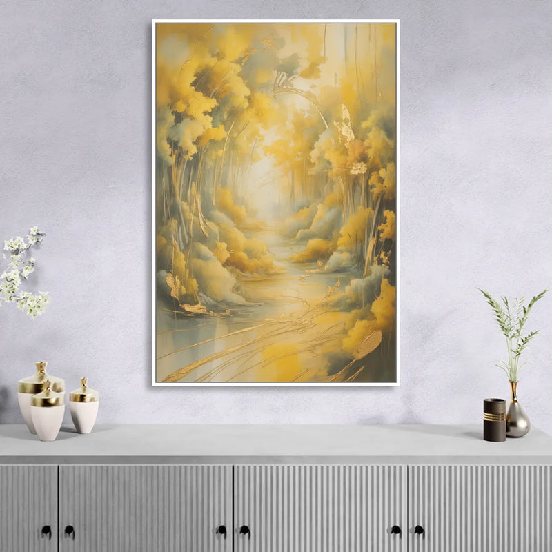 Ethereal Sunlight Yellow Abstract Living Room - White Canvas Wall Art